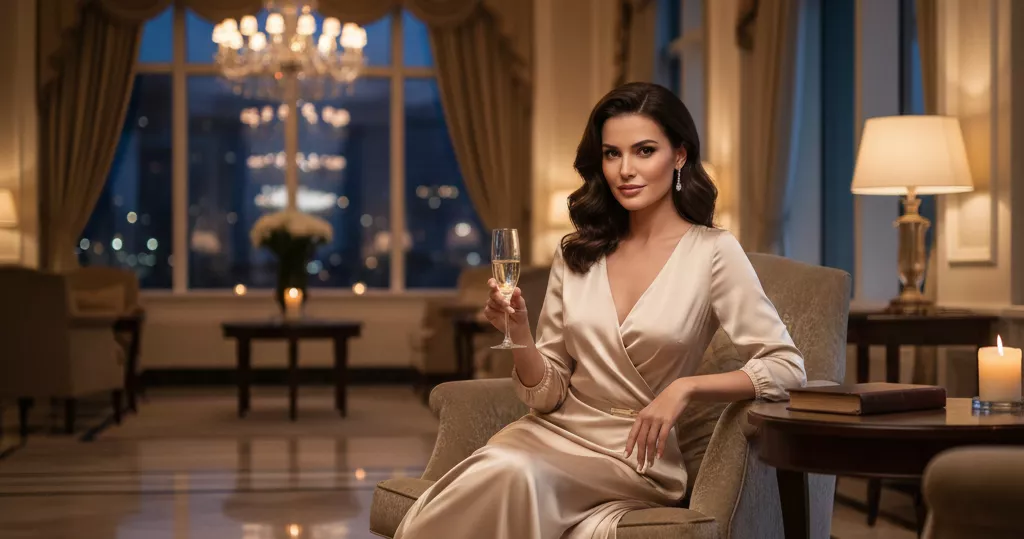 Mulher elegante e deslumbrante em um vestido de seda champanhe, sentada em um luxuoso lounge de hotel cinco estrelas, segurando uma taça de cristal, com um olhar confiante e sofisticado.