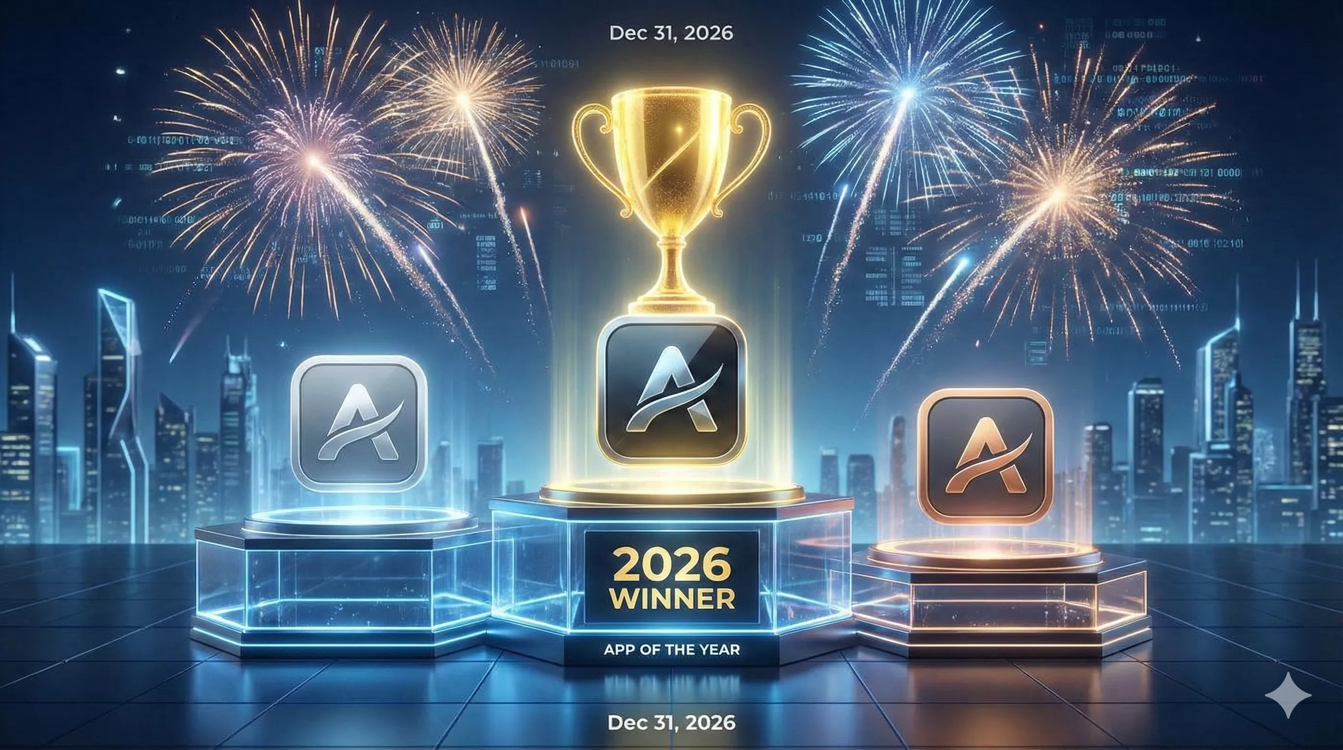 Podium digital futurista com ícones de aplicativos, destacando o vencedor de 2026, com fogos de artifício digitais ao fundo