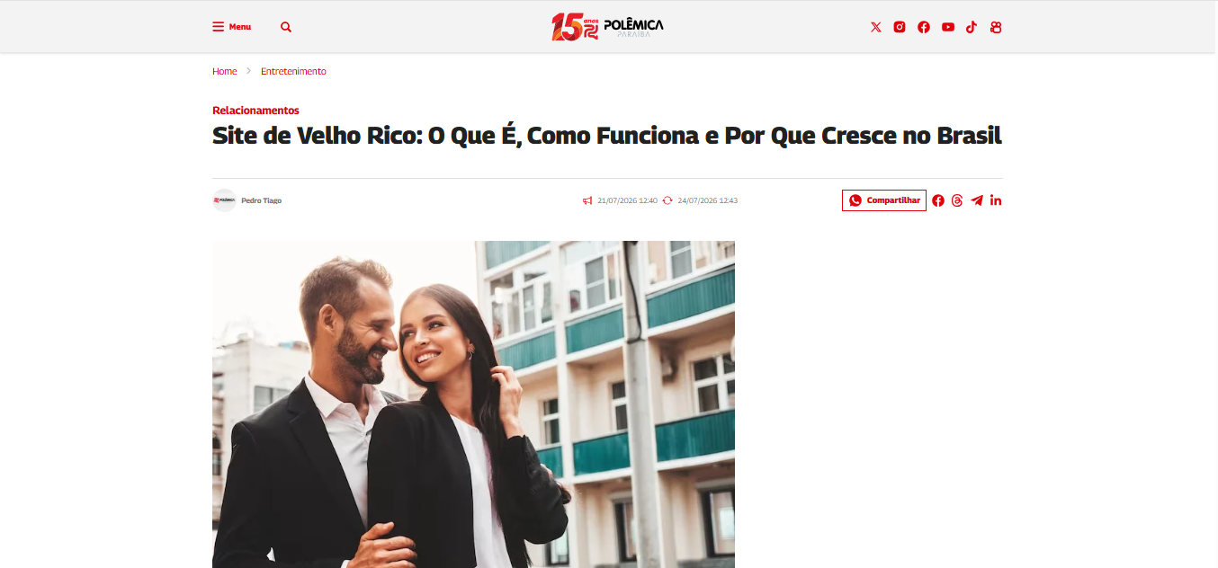 Captura de tela da reportagem do portal Polêmica Paraíba sobre site de velho rico, destacando a plataforma Bebaby.