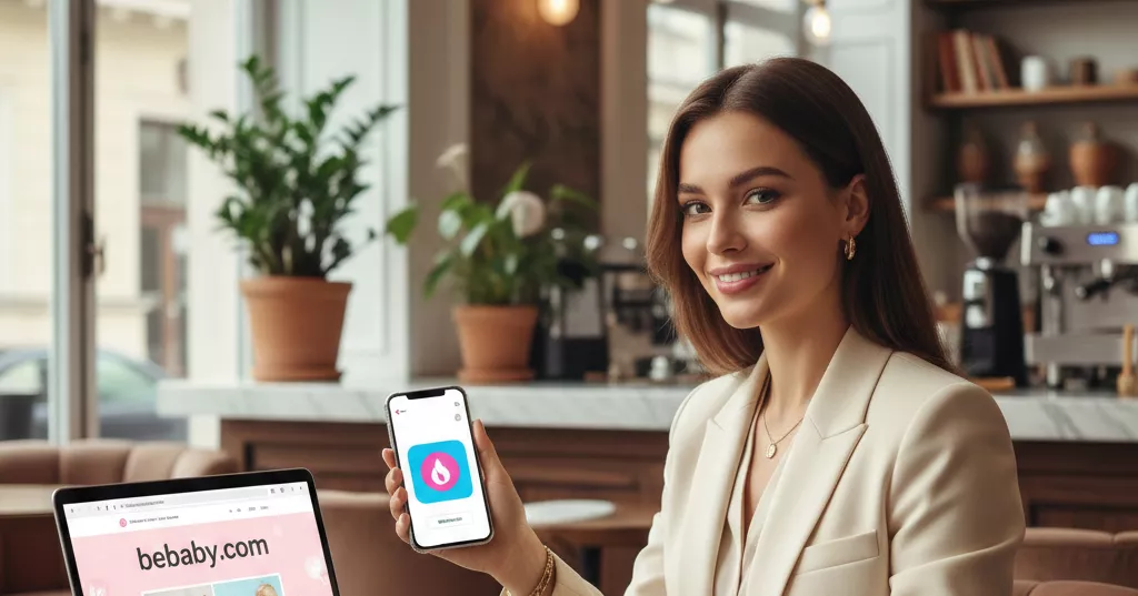 Mulher decidida e elegante em um café sofisticado, deletando um aplicativo de namoro comum do seu celular e sorrindo enquanto abre o site do bebaby em um laptop premium, fotorrealismo de alta qualidade.