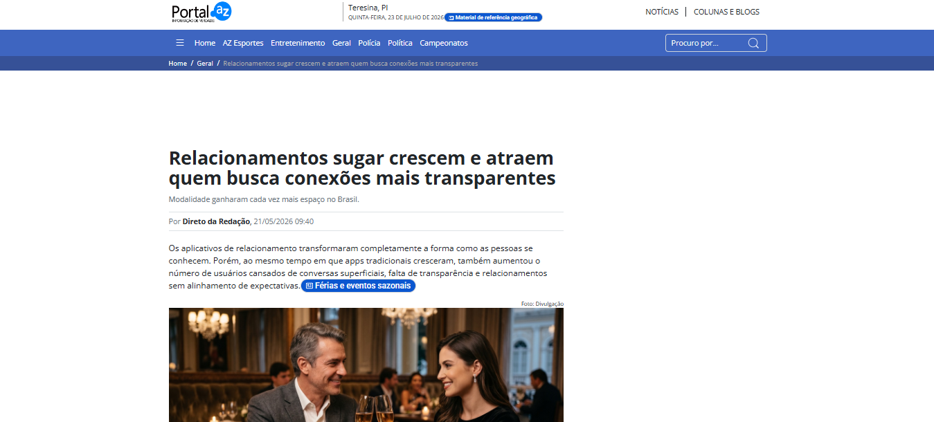 Matéria do Portal AZ sobre a Bebaby destacando o crescimento dos relacionamentos sugar e a busca por conexões mais transparentes