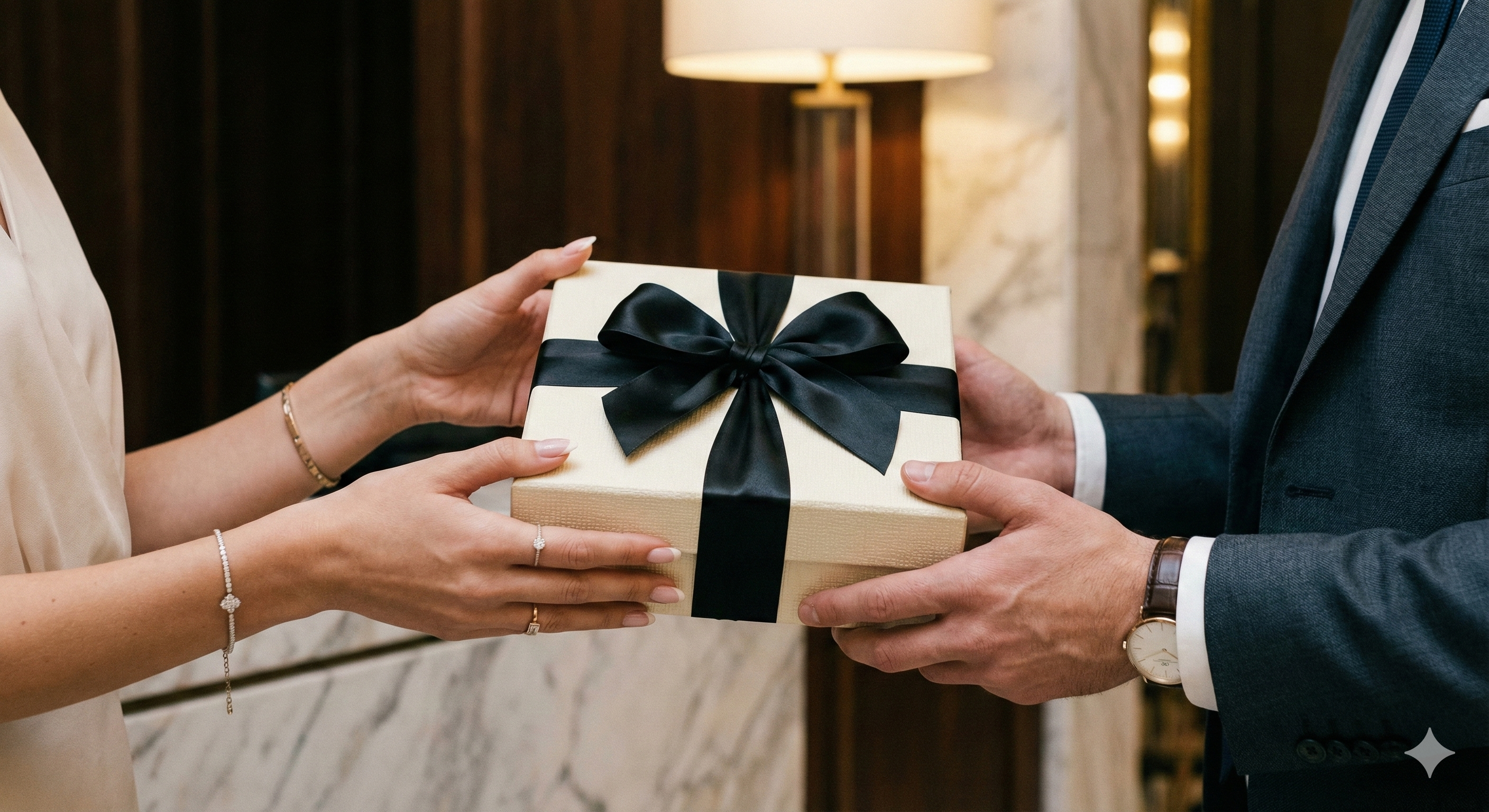 Mãos femininas entregando uma caixa de presente elegante com laço de cetim preto para um homem de terno, simbolizando sofisticação e cuidado