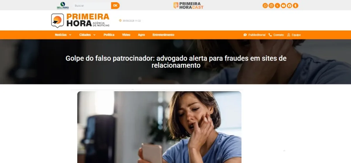 Captura de tela da notícia do portal Primeira Hora sobre alerta de advogado contra o golpe do falso patrocinador em sites de relacionamento