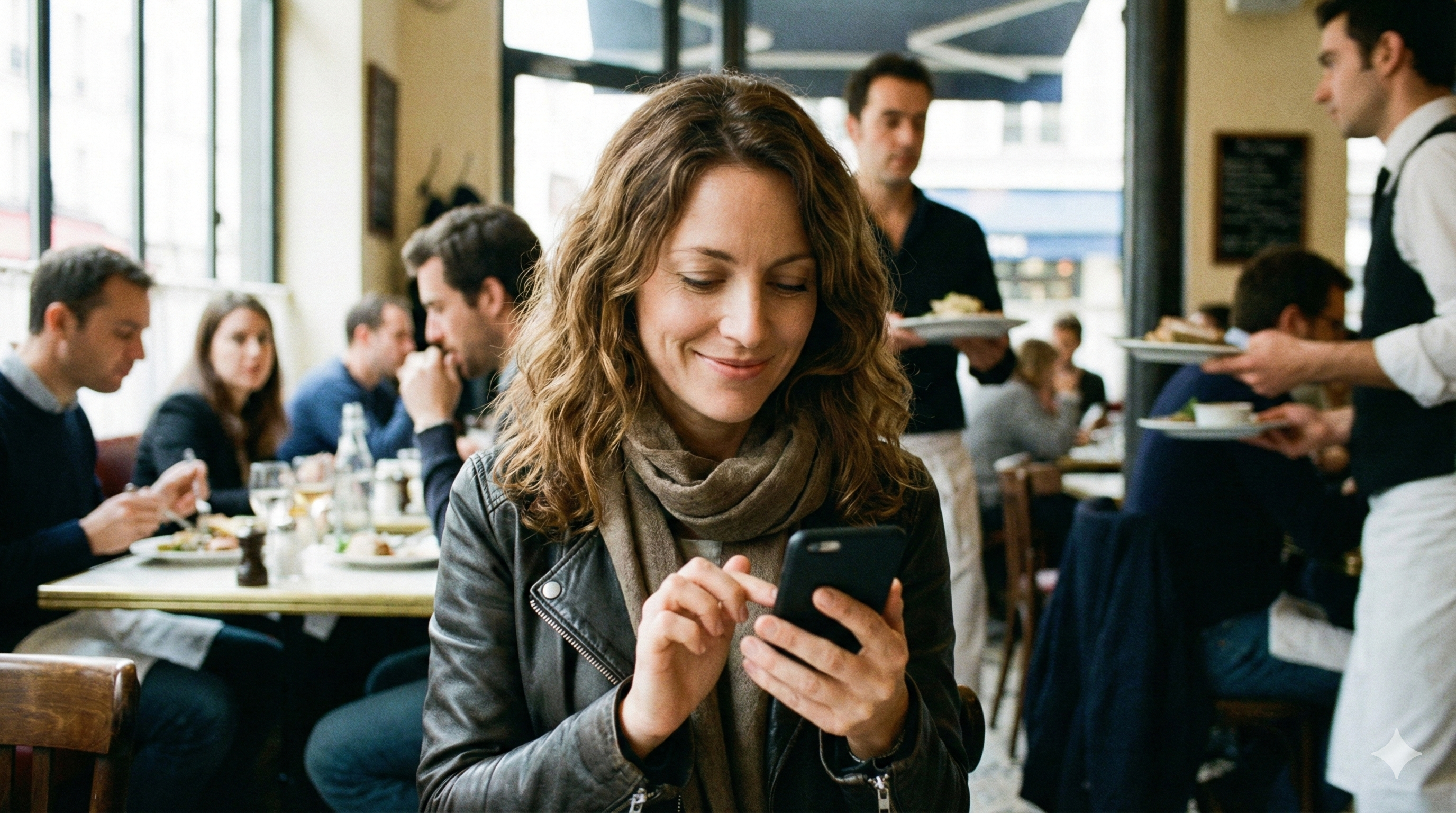 Mulher em restaurante movimentado checando o celular discretamente, enviando localização para amiga, com expressão tranquila