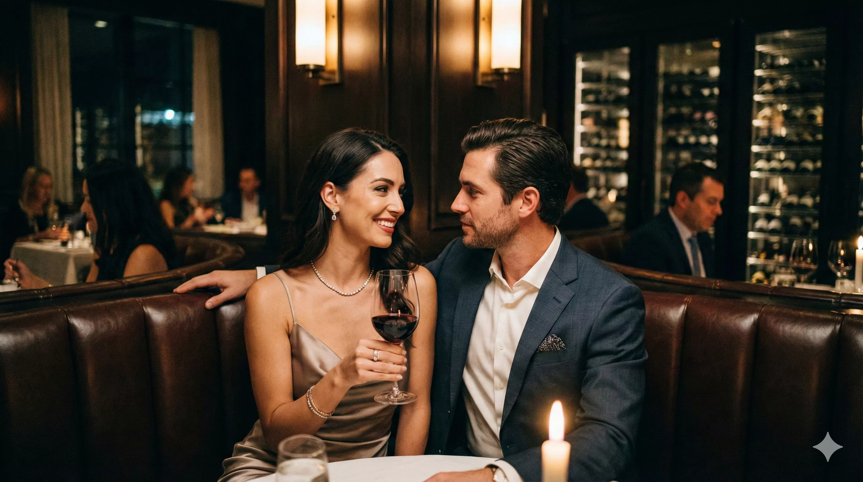 Casal elegante sentado em uma mesa de canto em um restaurante sofisticado com iluminação suave, a mulher sorri encantadoramente enquanto segura uma taça de vinho, e o homem a observa com interesse e admiração