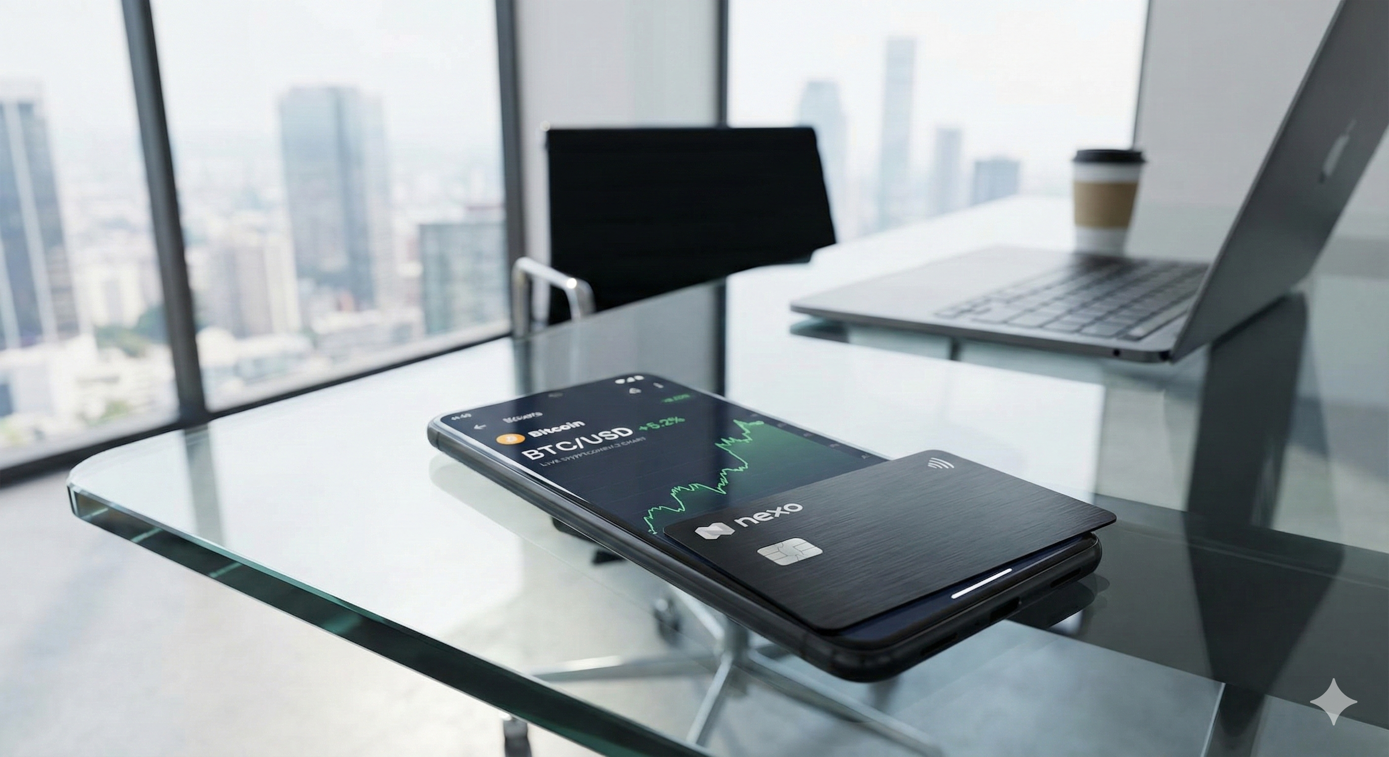 Smartphone exibindo gráfico de criptomoeda e um cartão de metal preto sobre mesa de vidro, simbolizando finanças modernas e discretas