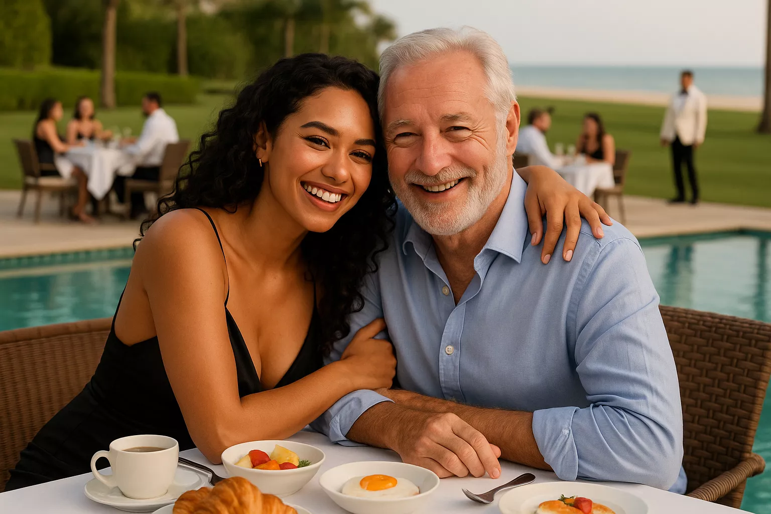 Casal com diferença de idade sorrindo e se abraçando com carinho, demonstrando conexão emocional genuína