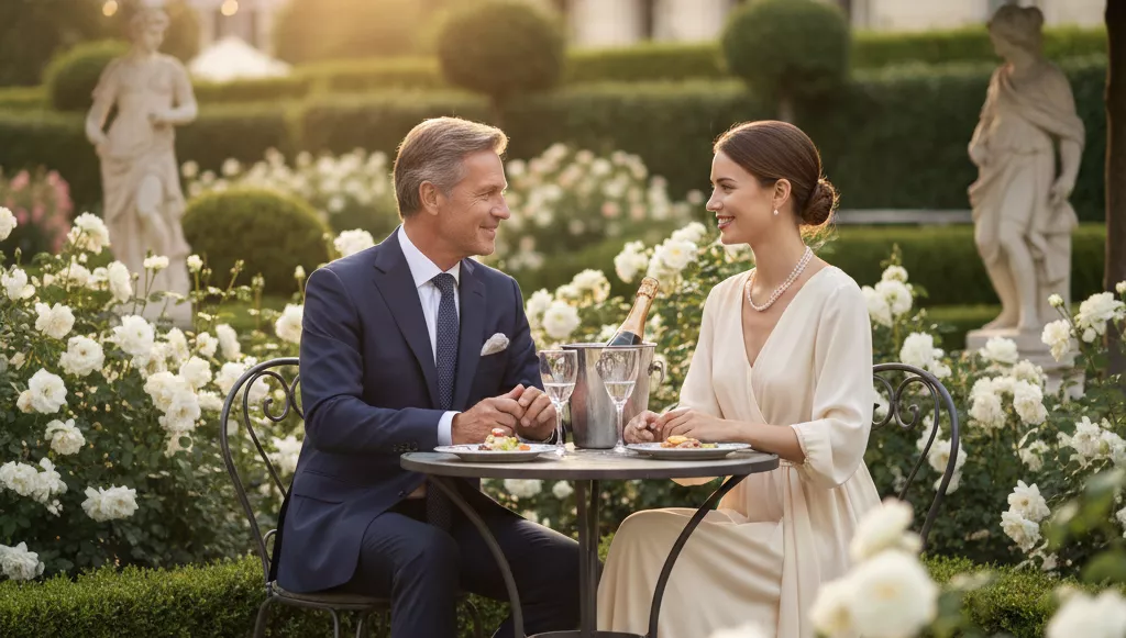 Homem de negócios maduro e elegante em um encontro discreto com uma jovem sofisticada em um jardim de hotel de luxo, ambos sorridentes e em sintonia.