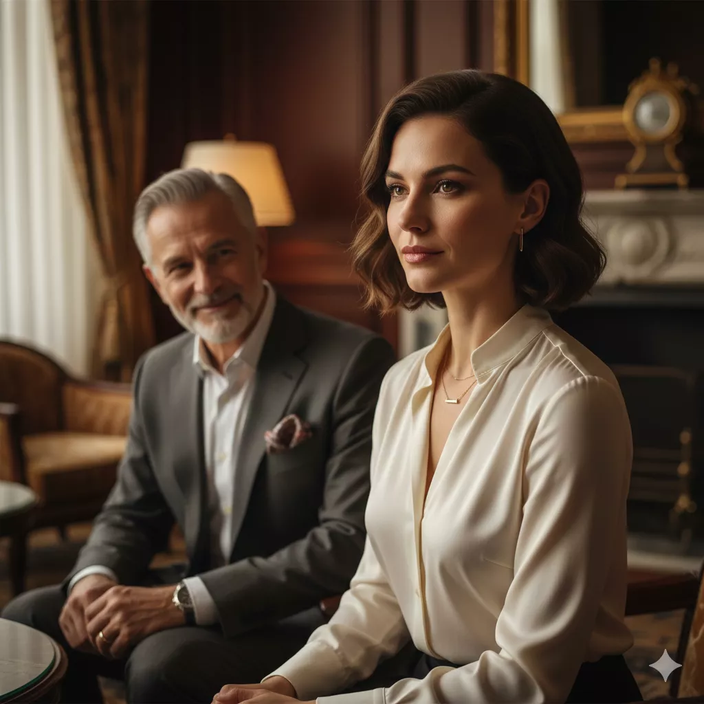 Mulher madura e elegante em um ambiente de luxo, representando a sofisticação das Sugar Babies de elite na Bebaby.