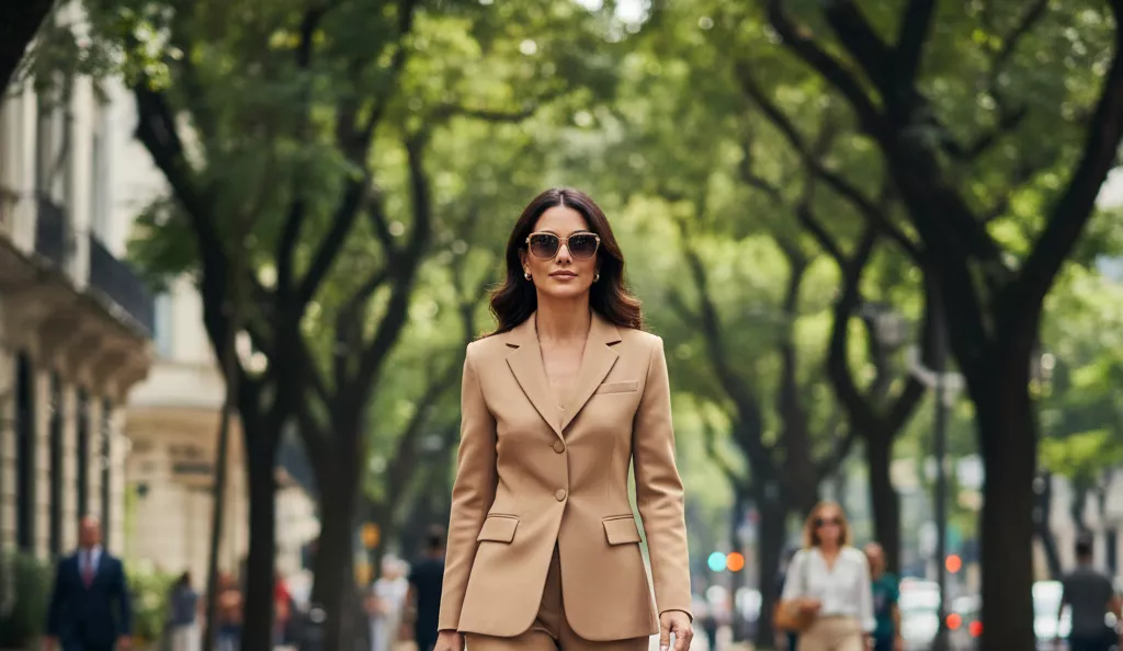 Mulher sofisticada usando um conjunto de alfaiataria em tons de bege areia, tecido de lã fria impecável, sem logotipos visíveis, segurando uma bolsa de couro liso estruturada, caminhando por uma rua arborizada dos Jardins em São Paulo, fotorrealismo de alta costura.