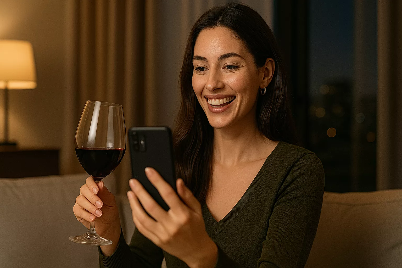 Mulher fazendo videochamada com taça de vinho, sorrindo para a tela do celular, ilustrando o relacionamento sugar à distância