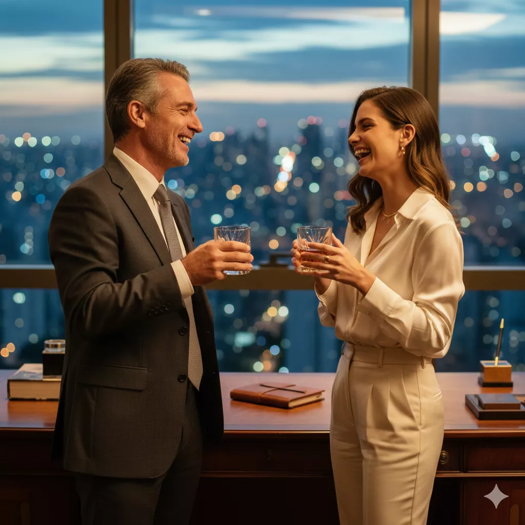 Homem de negócios elegante em um escritório de luxo conversando descontraidamente com uma mulher jovem e sofisticada, representando a clareza do mundo sugar.