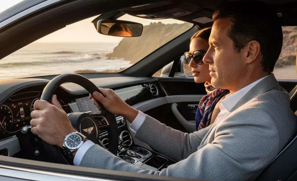Homem de sucesso exibindo relógio de alta horologia ao volante de um carro de luxo, acompanhado por uma mulher elegante, representando o auge do estilo de vida no bebaby.