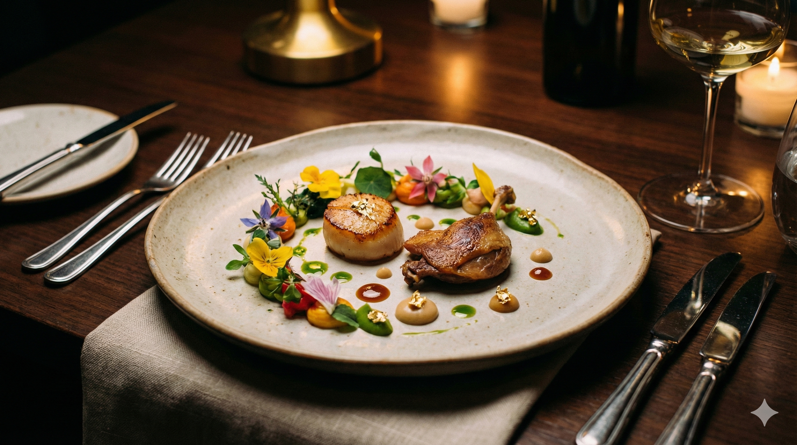 Prato de alta gastronomia finalizado com detalhes artísticos em mesa de restaurante Michelin com iluminação intimista