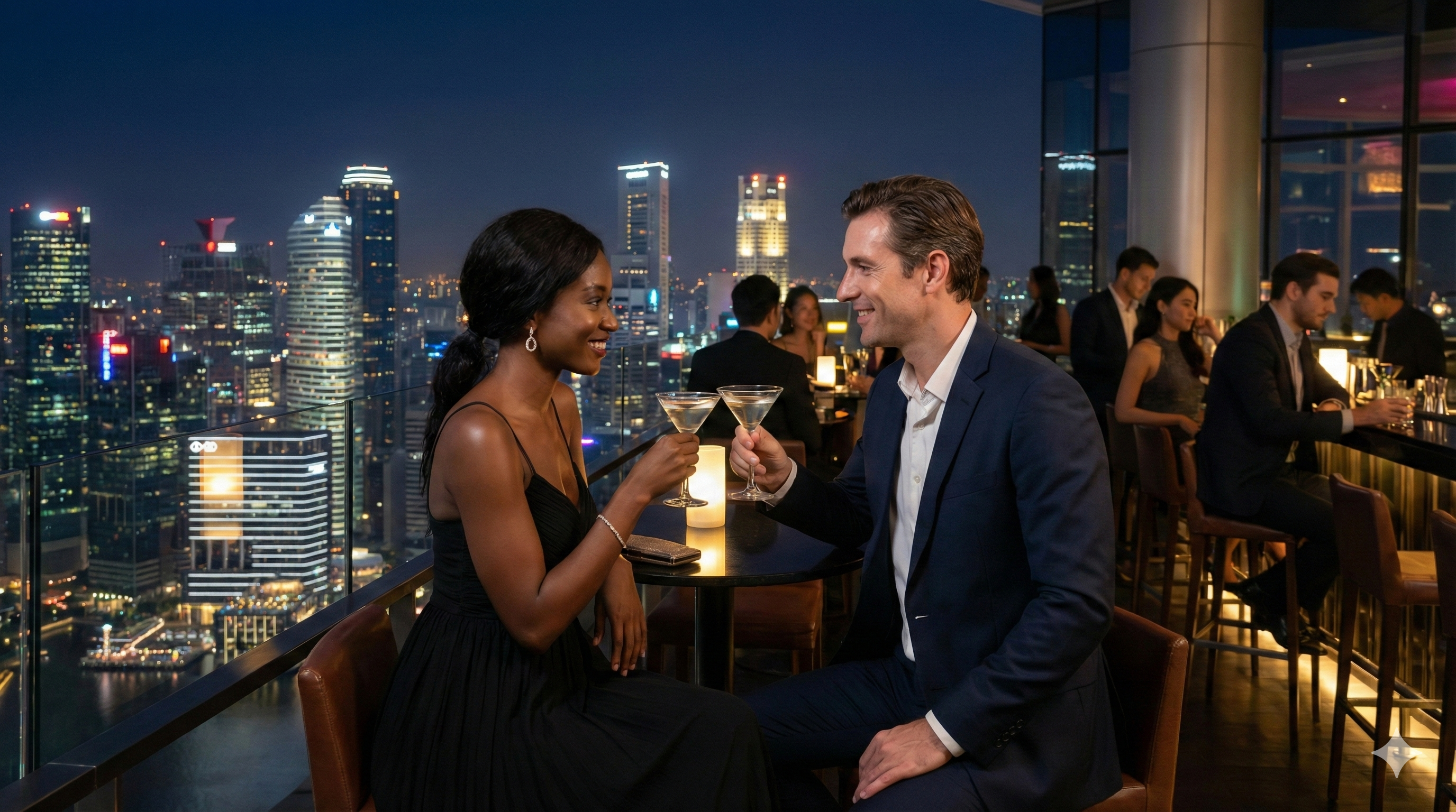 Casal interracial sofisticado brindando com martinis em um rooftop bar com vista para uma cidade global iluminada à noite, representando a conexão internacional e o estilo de vida cosmopolita