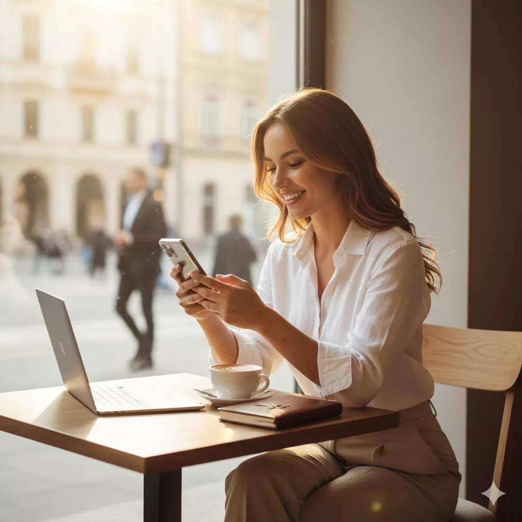 Mulher jovem e sofisticada a aproveitar um momento de lazer, representando a liberdade e os benefícios de ser uma Sugar Baby na Bebaby.
