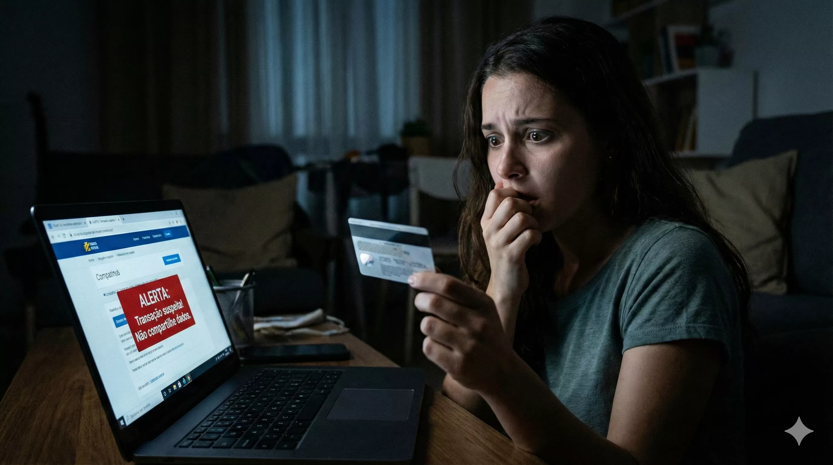 Mulher jovem com expressão preocupada segurando um cartão de crédito em frente a um laptop em um ambiente doméstico escuro, representando o risco de golpes financeiros online
