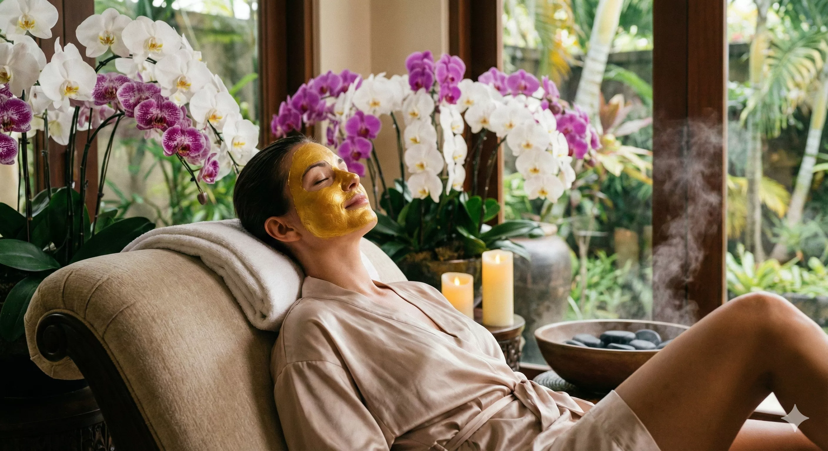 Mulher relaxada com máscara facial dourada em um ambiente de spa de luxo com orquídeas ao fundo