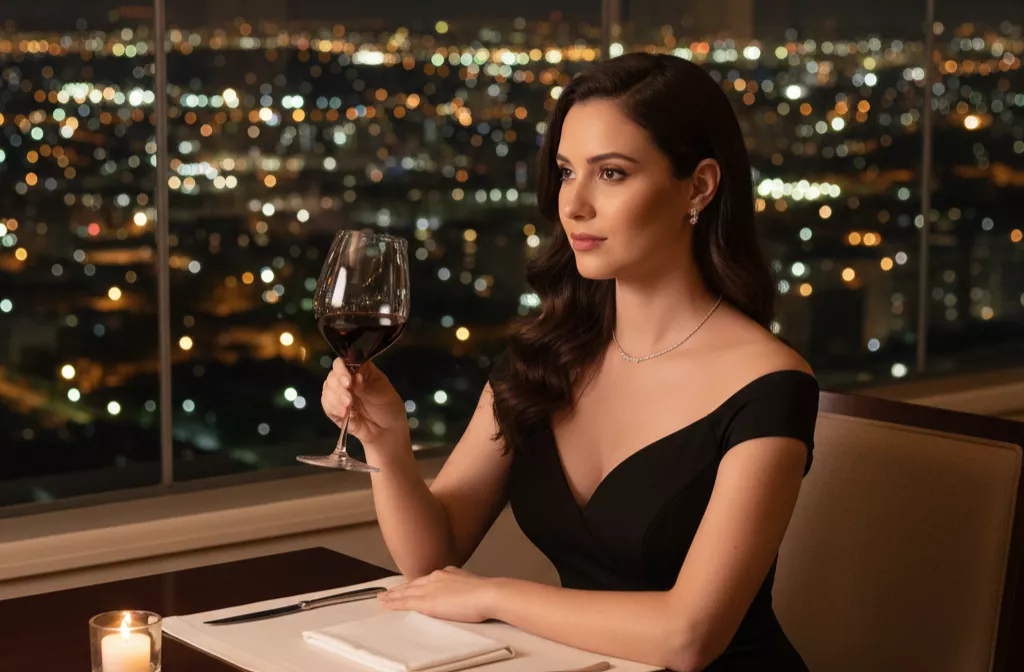 Mulher elegante de vestido cocktail preto e joias discretas, sentada em um restaurante de luxo com vista para as luzes da cidade de Belo Horizonte ao fundo, segurando uma taça de vinho tinto, com iluminação quente e fotorrealismo de alta definição.