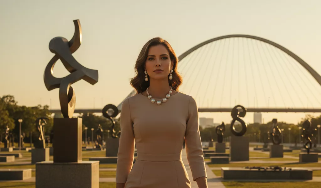 Mulher deslumbrante em um vestido tubinho de alfaiataria bege, usando pérolas modernas, caminhando em um jardim escultural próximo à Ponte JK em Brasília durante o pôr do sol, com olhar sereno e confiante, fotorrealismo cinematográfico.