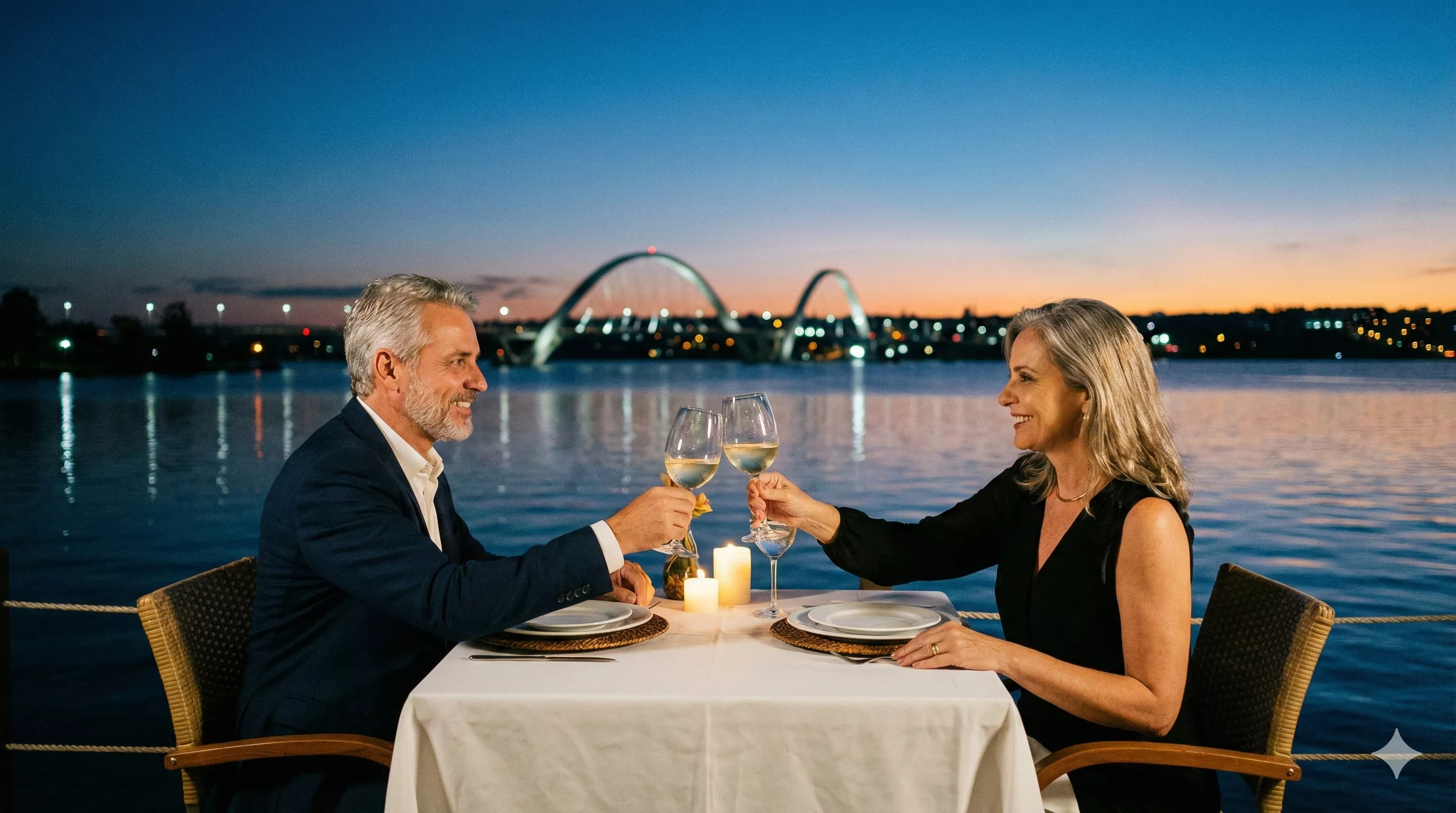 Casal distinto em um jantar privado ao ar livre no Pontão do Lago Sul em Brasília, com taças de vinho branco, vista para o lago Paranoá e a Ponte JK iluminada ao fundo no crepúsculo