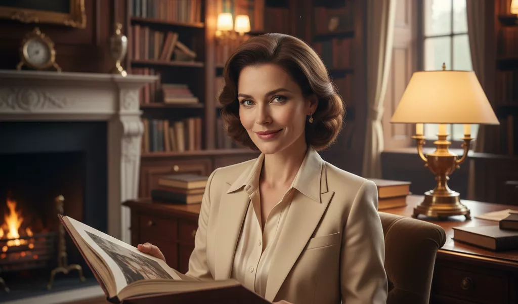 Mulher de beleza clássica e olhar inteligente, vestindo um blazer de alfaiataria premium cor de champanhe, sentada em uma biblioteca privativa luxuosa. Ela segura um livro de arte enquanto olha para a câmera com um sorriso enigmático e confiante, cercada por uma aura de sofisticação e cultura.