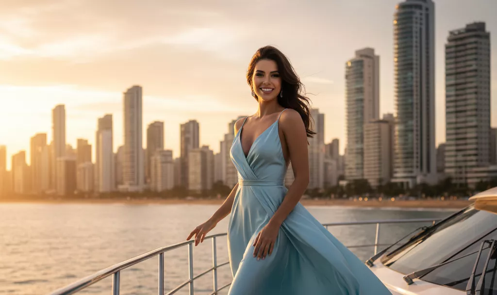 Mulher belíssima e elegante com um vestido de seda azul claro, cabelos levemente ao vento, sorrindo em um iate luxuoso com a orla de prédios modernos de Balneário Camboriú ao fundo durante um pôr do sol dourado, fotorrealismo cinematográfico.