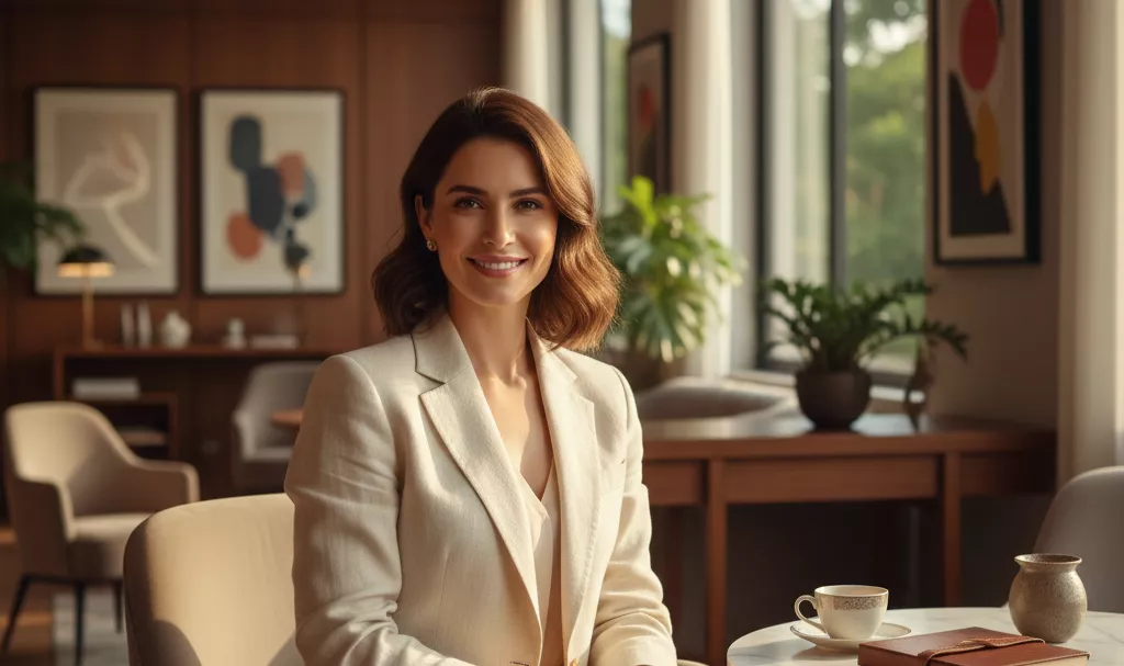 Mulher belíssima e elegante com um blazer de linho creme, sorrindo em um lounge de hotel boutique sofisticado em Campinas, luz suave de fim de tarde entrando pelas janelas, fotorrealismo de altíssima qualidade.
