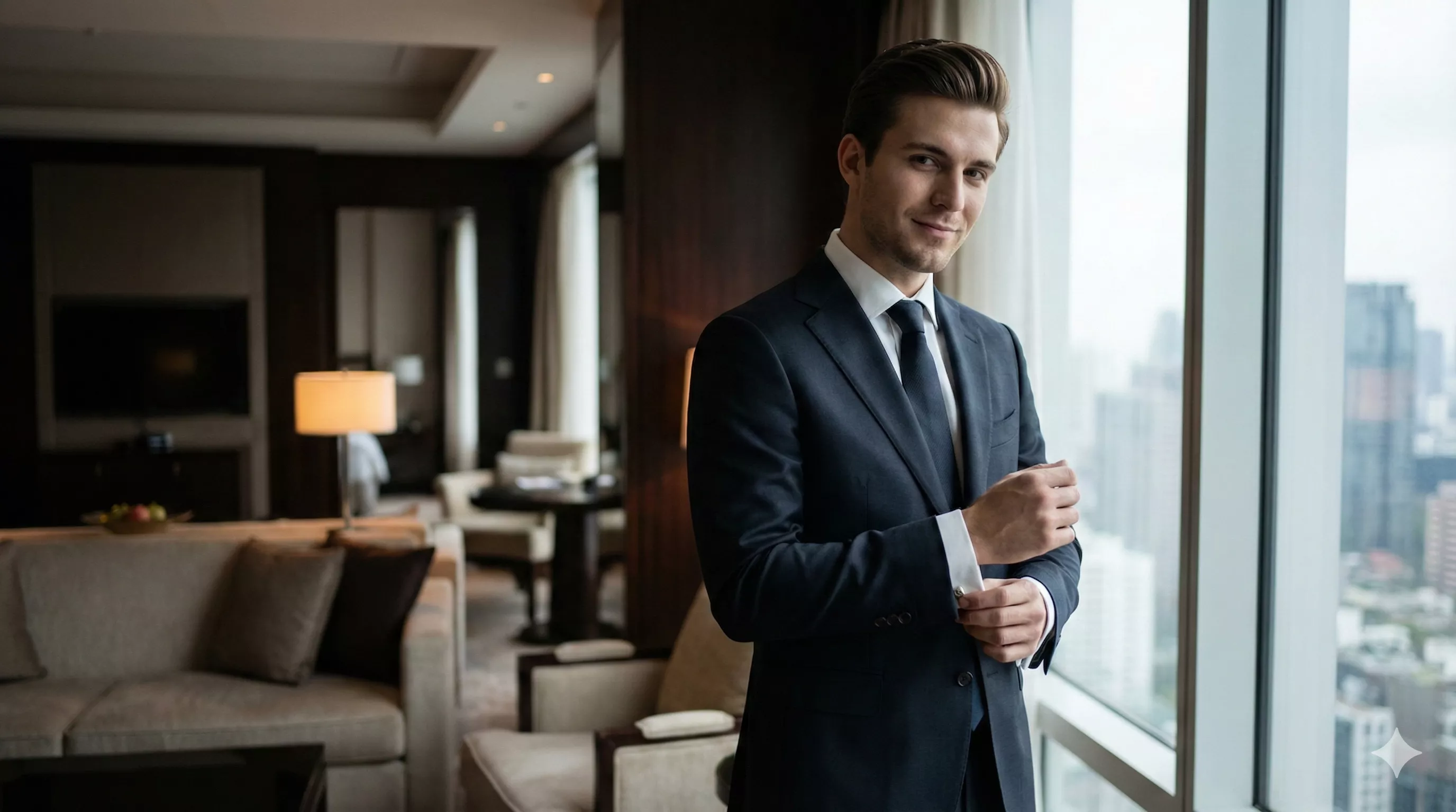 Homem jovem e extremamente atraente, vestindo um terno de corte italiano sob medida, ajustando os abotoaduras em um quarto de hotel de luxo, com expressão de confiança e sucesso