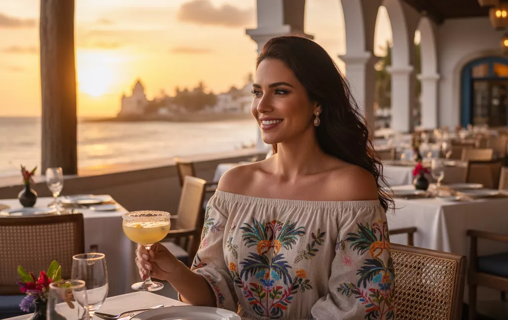 ulher belíssima com traços brasileiros, usando um vestido de linho bordado à mão, sorrindo de forma sofisticada em um restaurante de luxo à beira-mar em Salvador durante o pôr do sol, com arquitetura colonial moderna ao fundo, fotorrealismo de ultra-alta definição.
