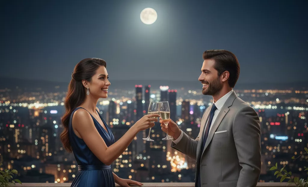 Mulher brasileira deslumbrante, de traços sofisticados e vestido de seda azul marinho, em um jantar romântico à luz de velas em um terraço luxuoso com vista para o mar. Ela conversa e sorri com um homem estrangeiro elegante de terno cinza claro, transmitindo uma atmosfera de conexão global e exclusividade.