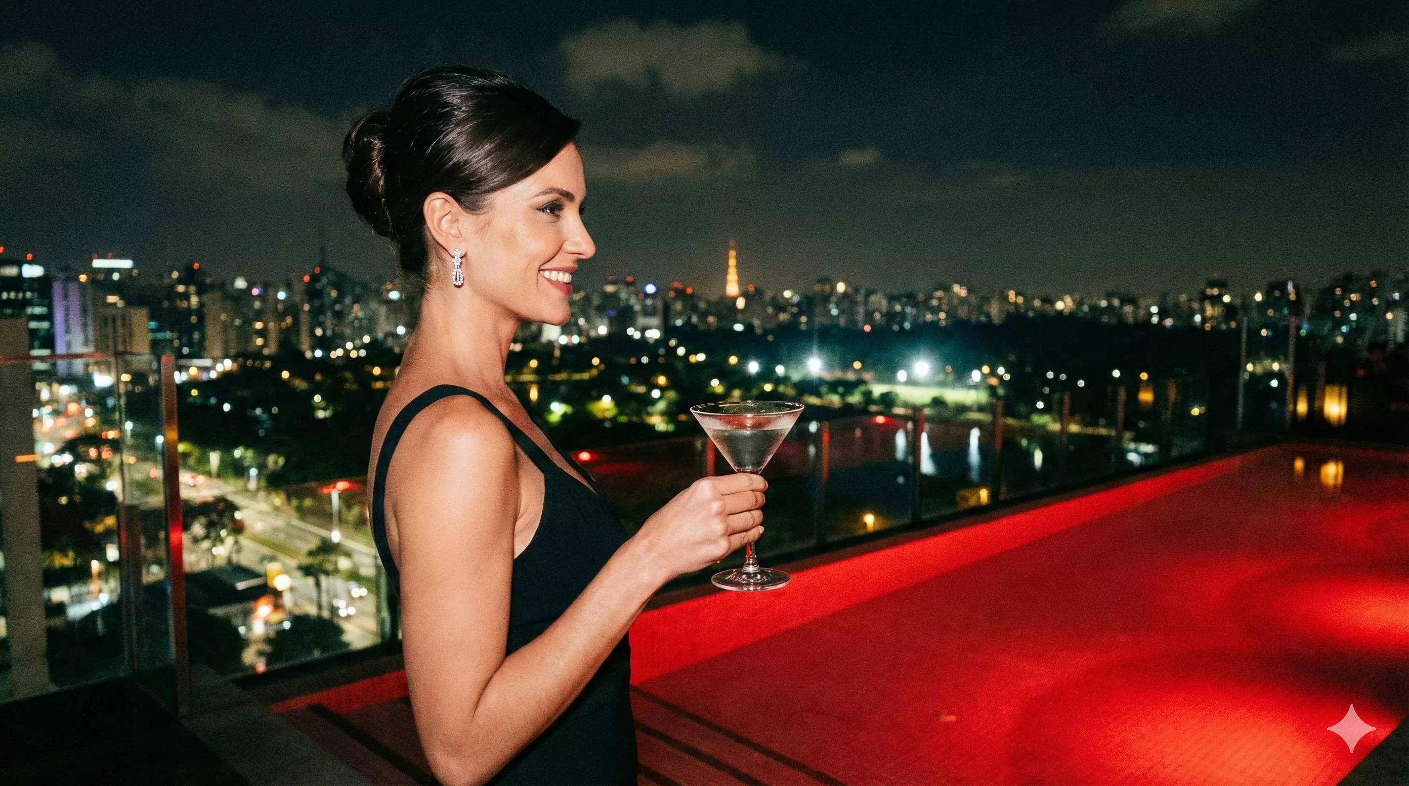 Mulher elegante com vestido de cocktail preto tomando um drink no terraço do Skye Bar em São Paulo, com a vista iluminada do Parque Ibirapuera e os prédios da cidade ao fundo à noite