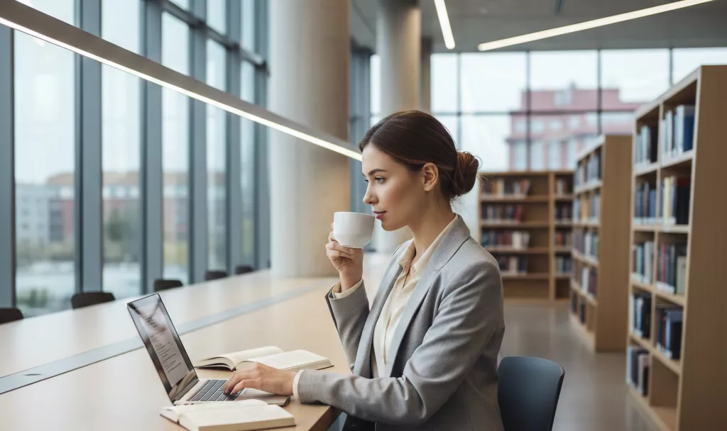 Mulher universitária elegante e jovem, usando um blazer sofisticado, sentada em uma biblioteca moderna com arquitetura minimalista, segurando um café e estudando em um laptop de última geração, com expressão focada e tranquila.