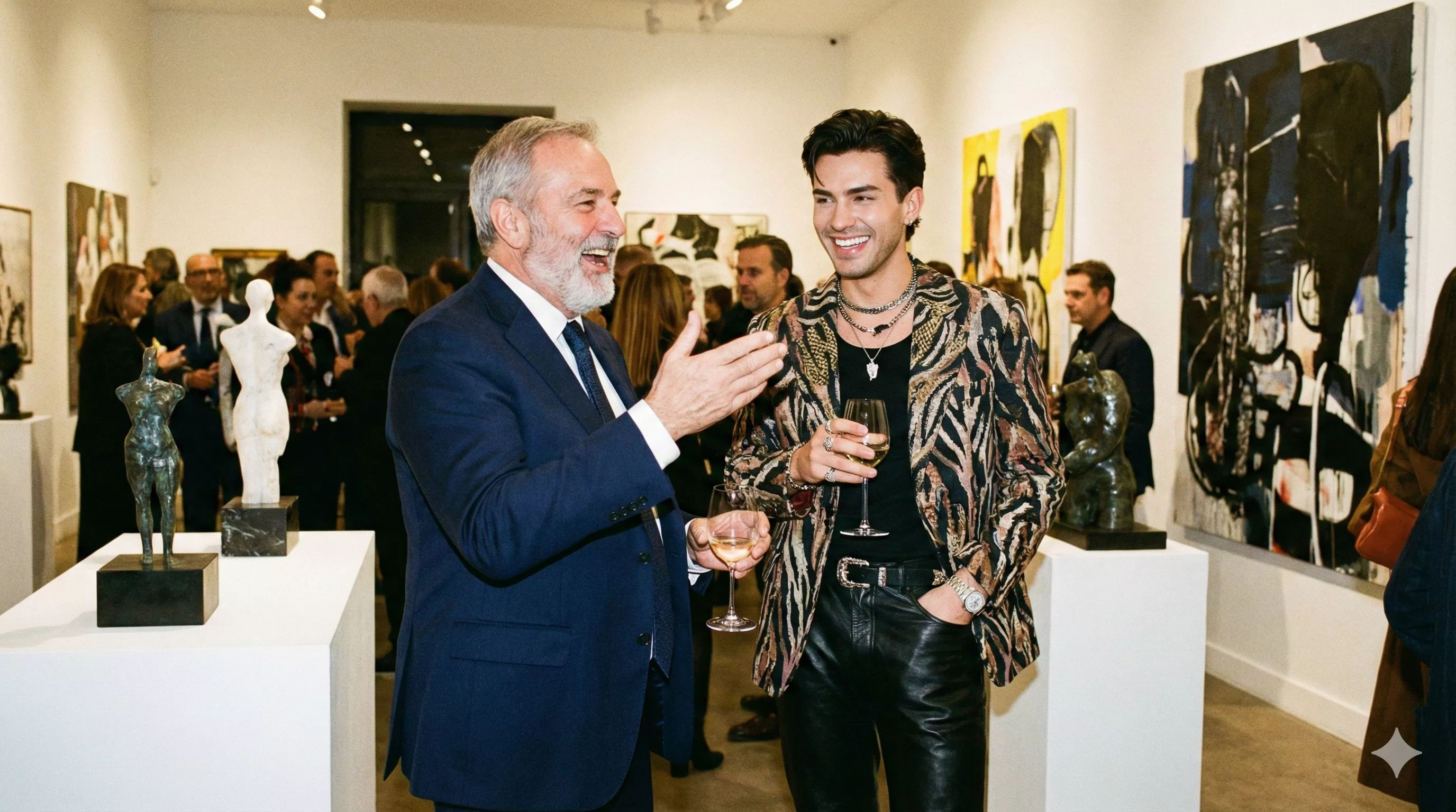 Dois homens elegantes, um mais maduro de barba grisalha e terno azul marinho e outro mais jovem com estilo fashionista, conversando animadamente e sorrindo em uma vernissage de galeria de arte contemporânea