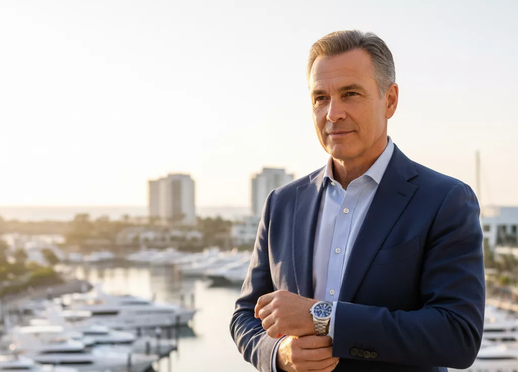 Homem maduro e bem-sucedido, vestindo um blazer de linho azul marinho, ajustando o relógio de pulso luxuoso enquanto observa a vista de uma marina privativa, transmitindo autoridade, calma e prontidão para o novo ano.