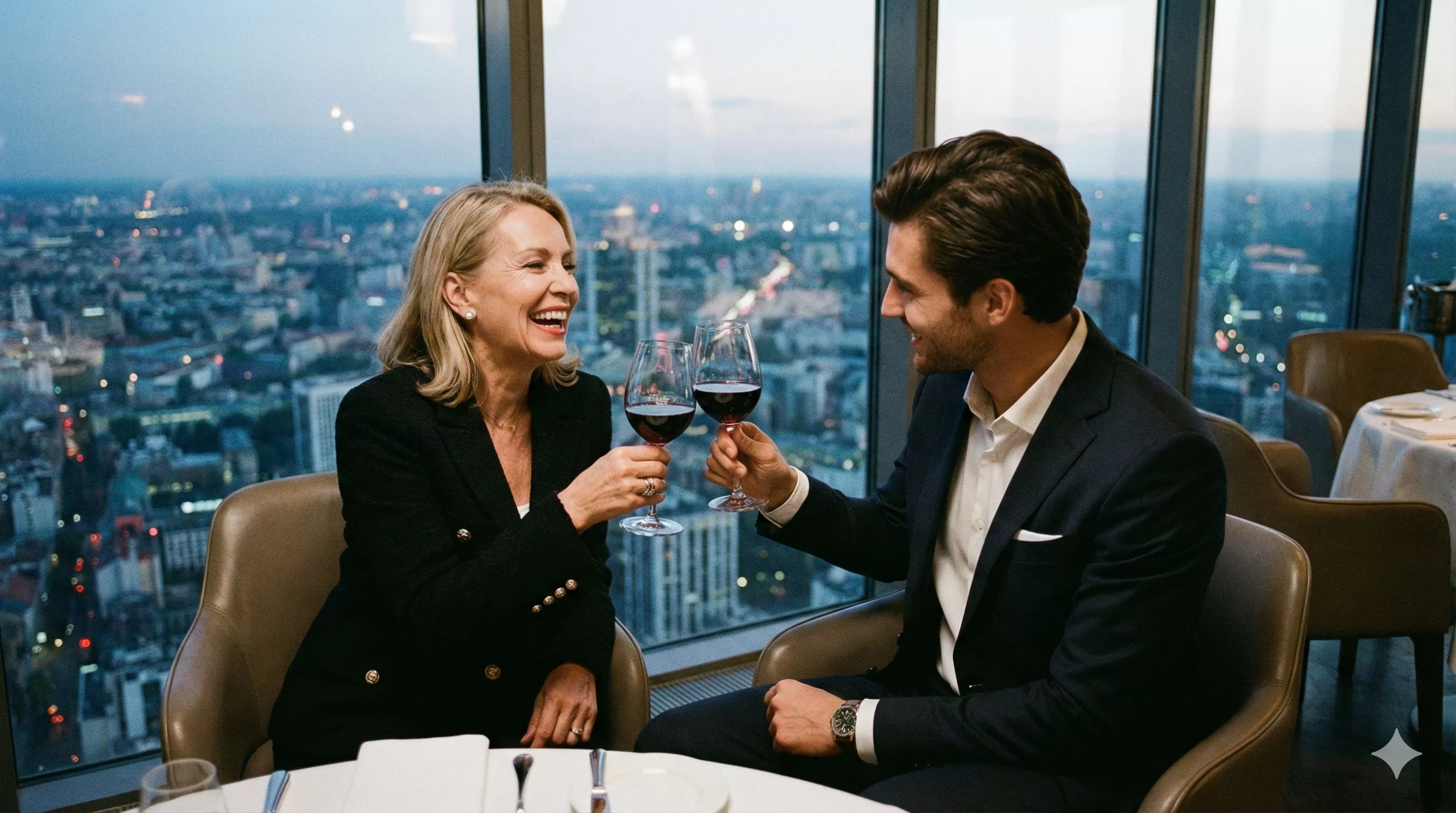 Mulher madura e extremamente sofisticada, vestindo um blazer de alta costura, sorrindo com confiança enquanto brinda com uma taça de vinho tinto com um homem jovem e elegante em um restaurante com vista panorâmica