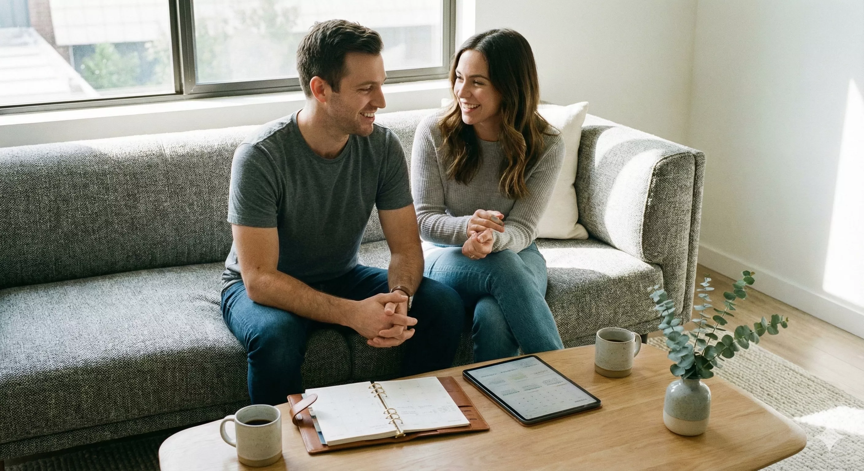 Casal conversando tranquilamente em um sofá moderno, com uma agenda e tablet na mesa, simbolizando planejamento e clareza no relacionamento