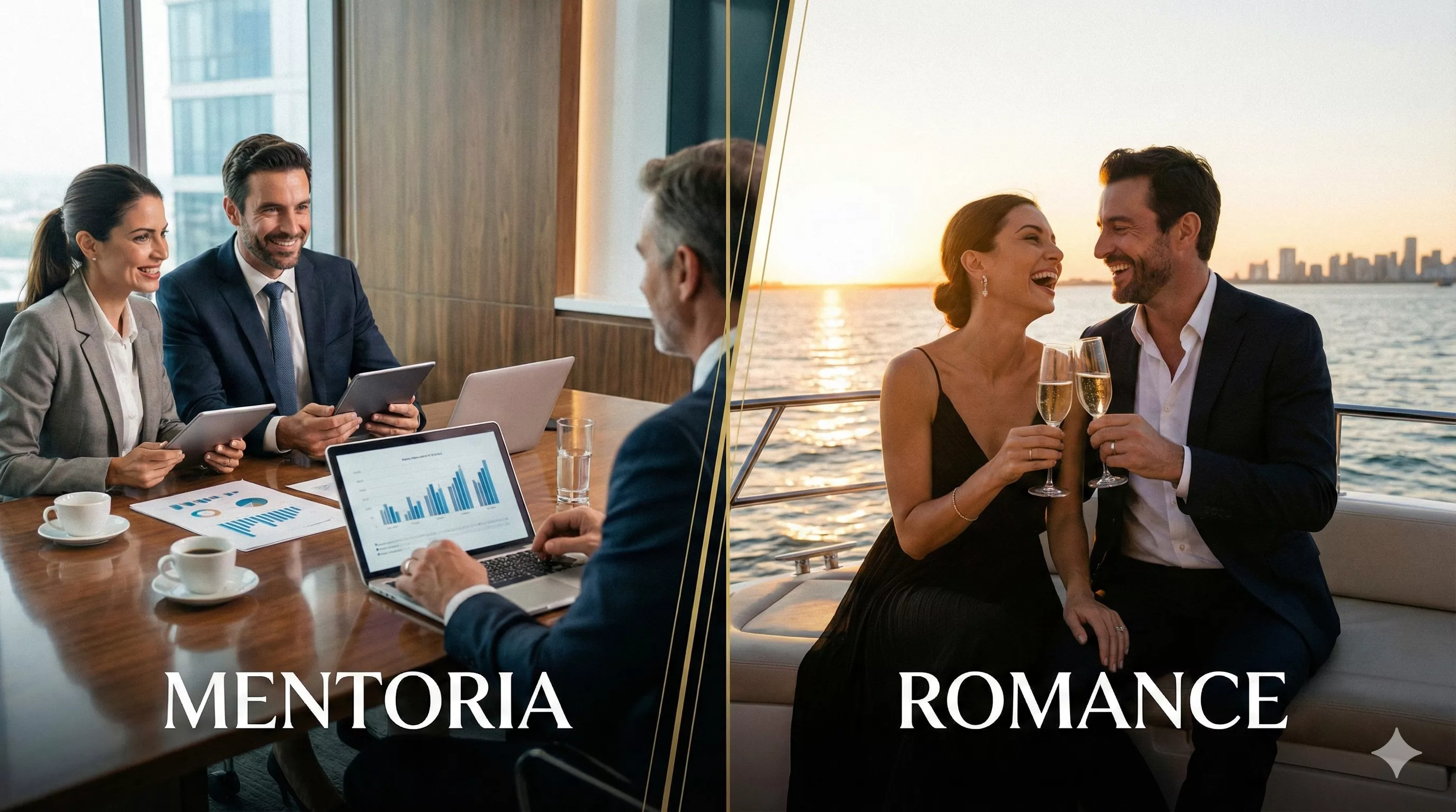 Montagem elegante dividida ao meio: na esquerda, um casal em reunião de negócios com tablets e sorrisos focados (mentoria); na direita, o mesmo casal brindando com champanhe em um iate ao pôr do sol (romance), simbolizando a versatilidade da relação