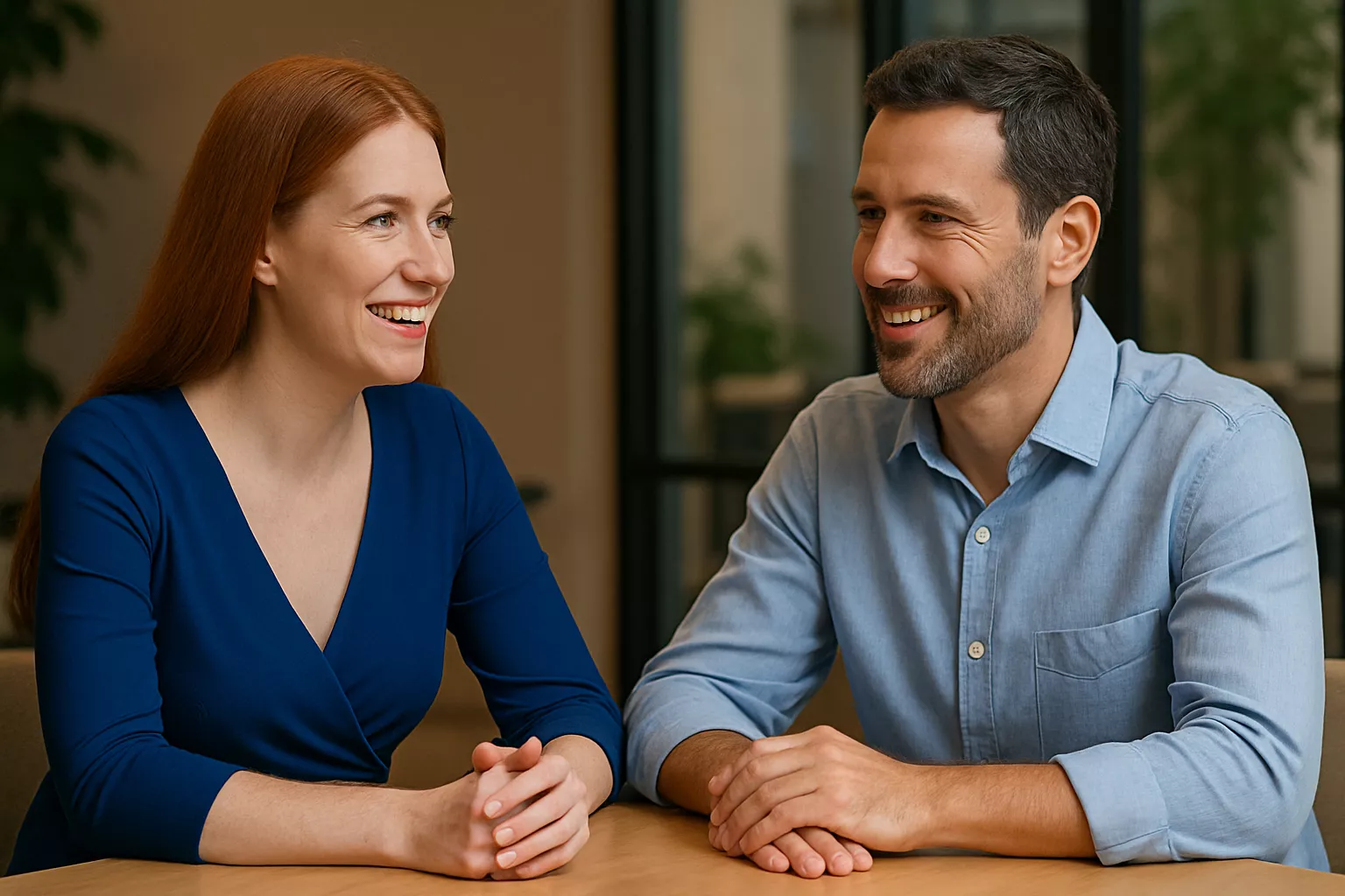 Duas pessoas conversando seriamente e sorrindo em uma mesa de reunião ou café, simbolizando um acordo transparente e feliz