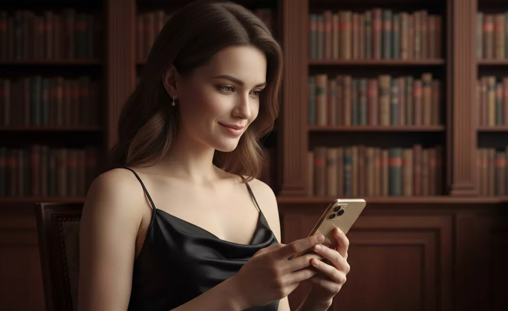 Mulher de elite analisando opções de relacionamento em seu smartphone, simbolizando a escolha pela melhor plataforma no bebaby.