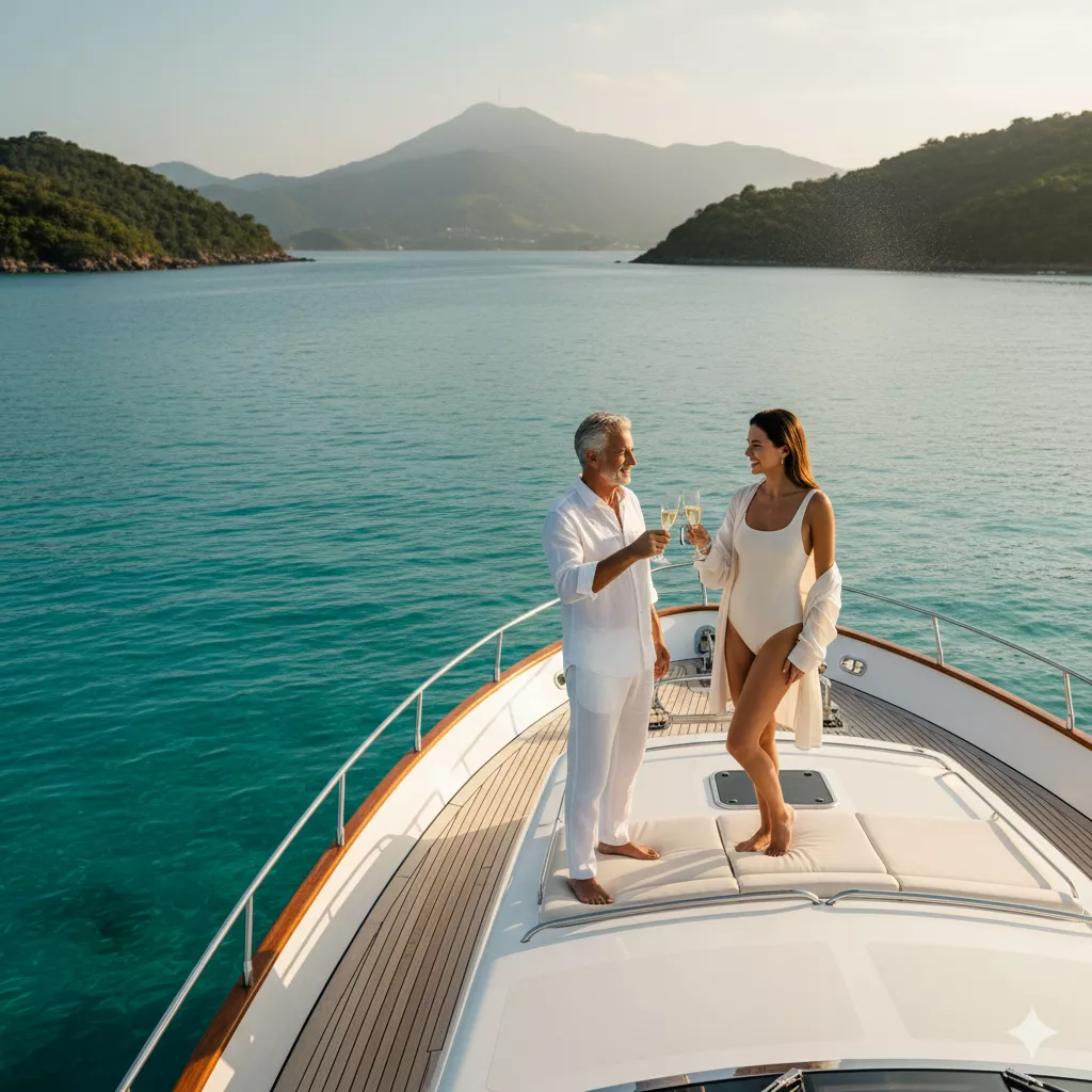 Casal de elite desfrutando de um iate de luxo, representando o estilo de vida náutico real da Bebaby.