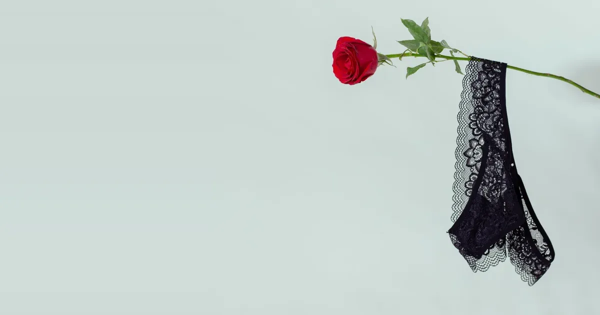 Rosa vermelha com calcinha de renda preta pendurada no caule, ilustrando o post sobre vender calcinha usada