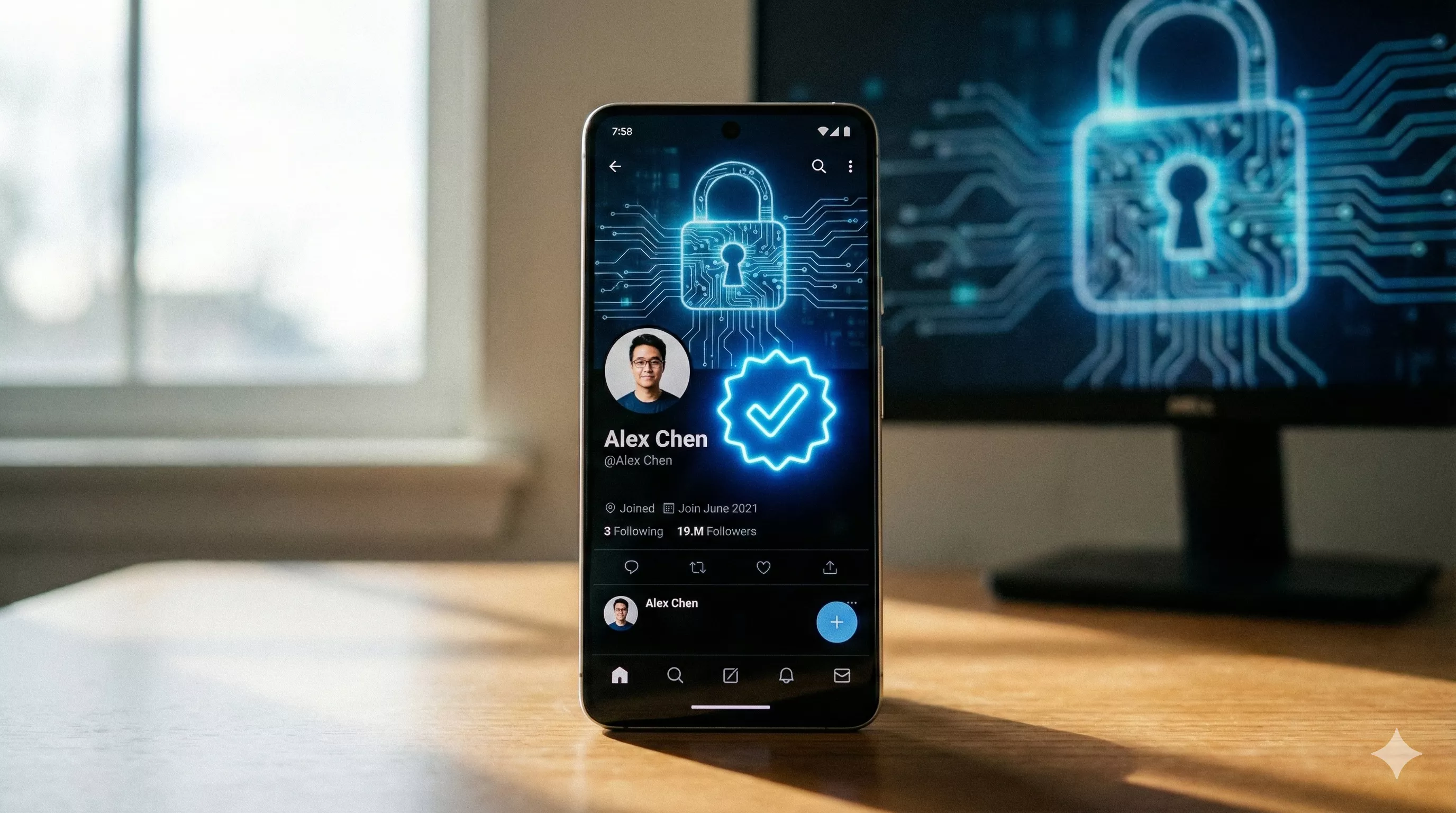 Smartphone exibindo um perfil de usuário com um selo de verificação azul brilhante, com um cadeado digital ao fundo