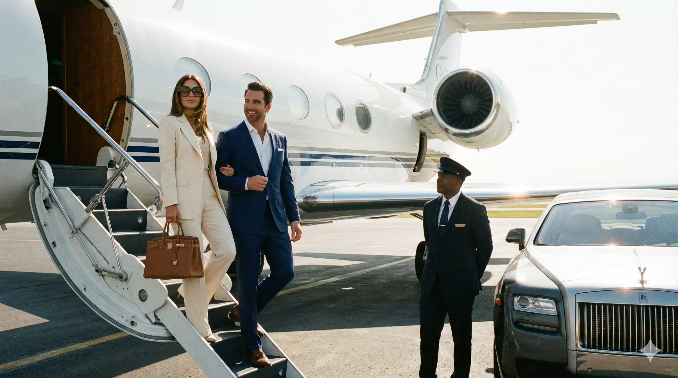 Casal elegante descendo a escada de um jato executivo privado em uma pista ensolarada, a mulher usa óculos de sol sofisticados e segura uma bolsa de mão de designer, sendo recebida por um motorista com um carro de luxo