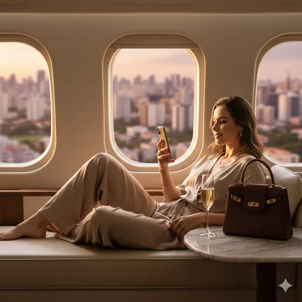 Mulher jovem e elegante em um ambiente de alto padrão, segurando um smartphone e sorrindo ao receber uma notificação de Pix de um Sugar Daddy.