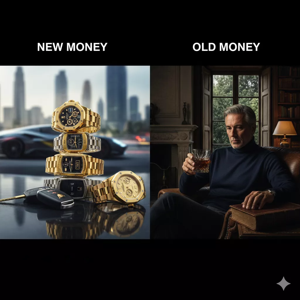 Comparação visual entre a ostentação New Money (estilo Zeus Bilionário) e a sofisticação Old Money (estilo Bebaby) em um cenário de luxo.